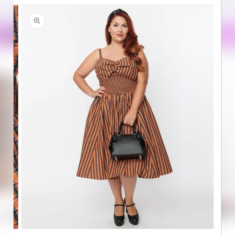 Unique Vintage 1950s Orange & Black Plaid Shimmy & Shake Swing Dress L/10-12